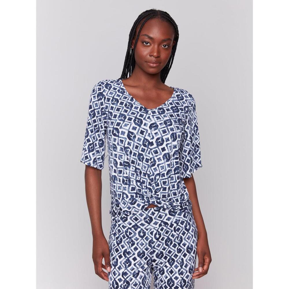 Printed V-Neck Top with Twist Front